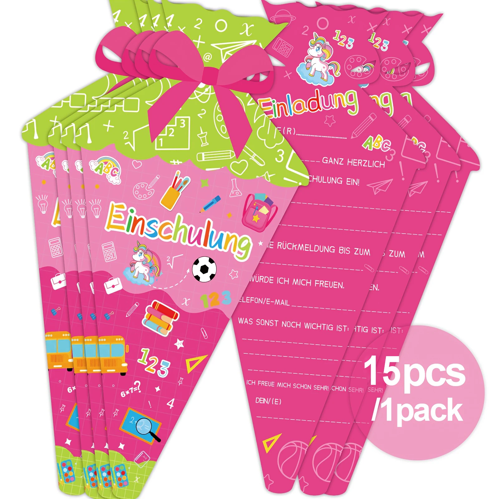 15 Stück Bonbontüten in Form einer Einladungskarte für den ersten Schultag, rosa Back-to-School-Party-Einladung mit Briefpapiermustern