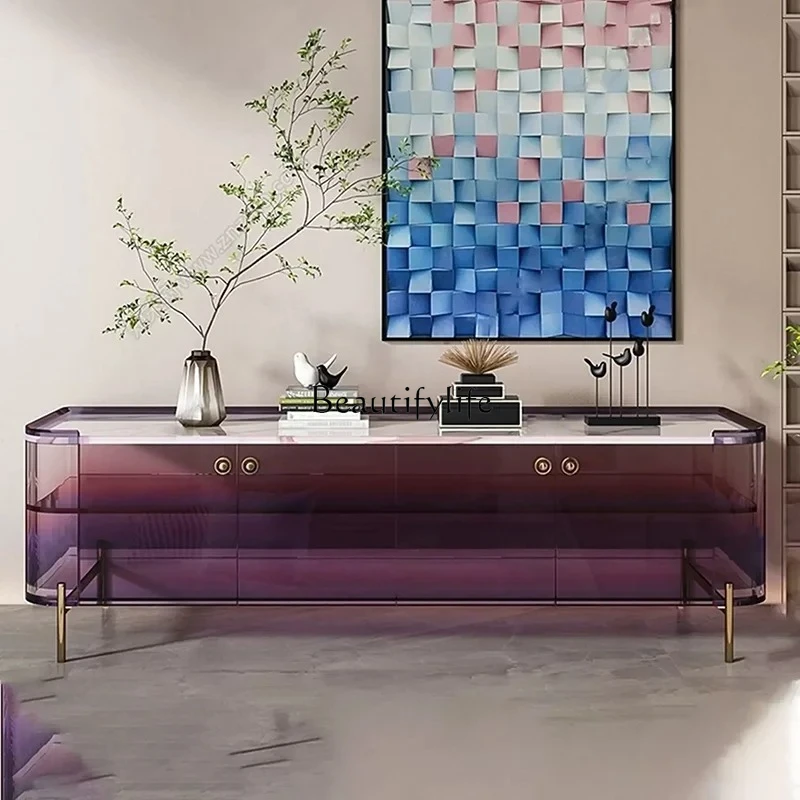 

Mobile TV in acrilico per soggiorno , semplice e lungo pavimento portaoggetti, mobile TV a cambiamento graduale