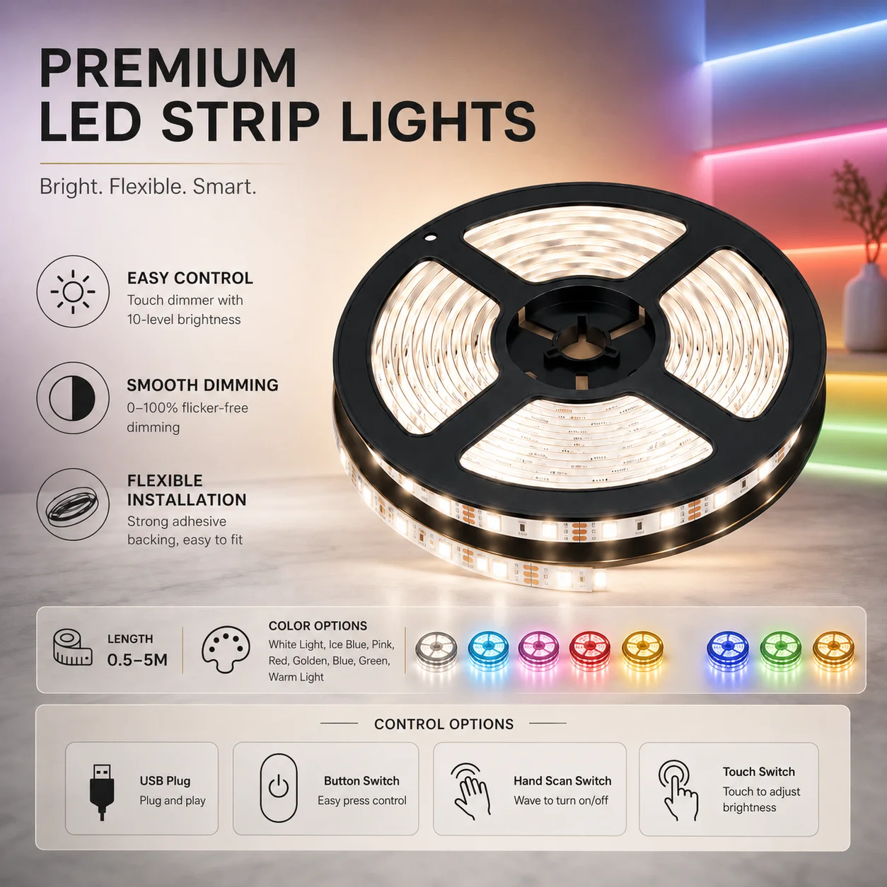 0.5‑5M USB LED Strip Light Flexible Dimmable LED Light Touch/Hand Scan Switch  Multi‑Color for Home Cabinet TV Backlight Decor