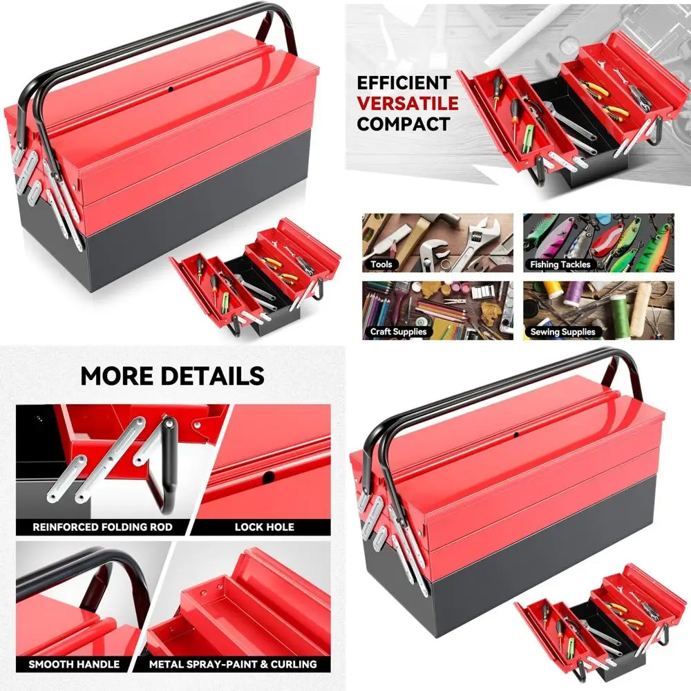 

Металлический ящик для инструментов на 18 отделений с 3-уровневым 5-секционным складным консольным органайзером для дома, мастерской и гаража