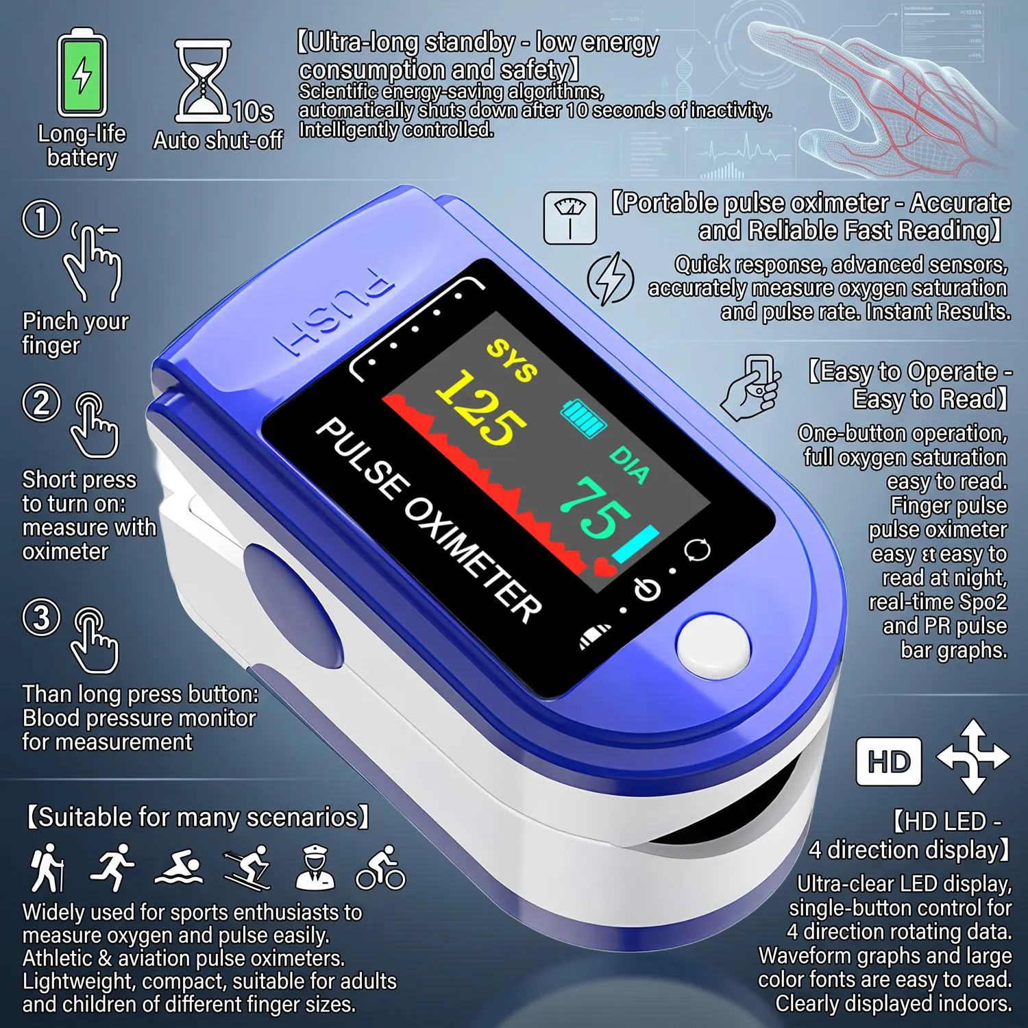 LED Fingertip Oximeter Heart Rate SpO2 PR Monitor Finger Clip Blood Oxygen Saturation Pulse Monitoring Energy Saving Pulsometer