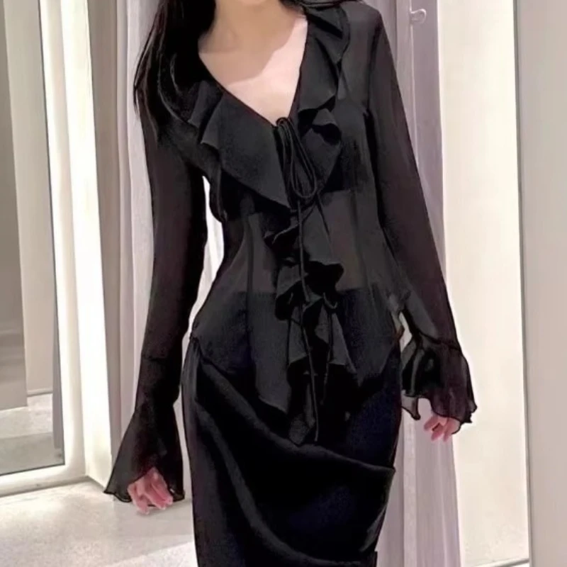 

Blouses for Women Chemise Femme Women's Ruffled Flared Shirts Blusas Femininas Elegantes Tops Vintage Spring Shirt Thin Coat