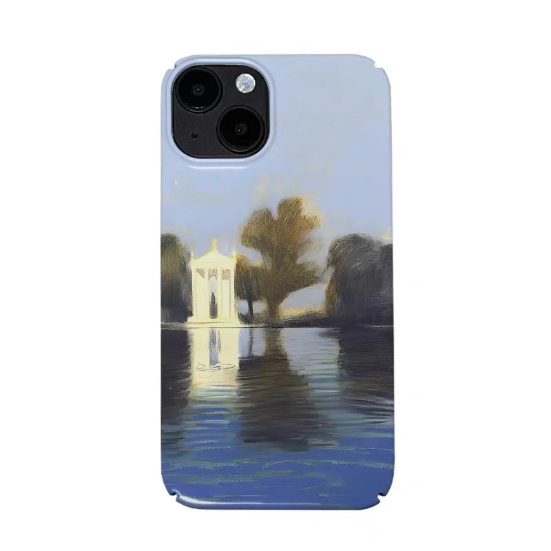 

Blue Lakeside Atmosphere with Small Trees Case for IPHONE 17 16 ProMax 15 14 Plus 13 12 MINI 11PRO 16Plus XR Acrylic Phone Cover