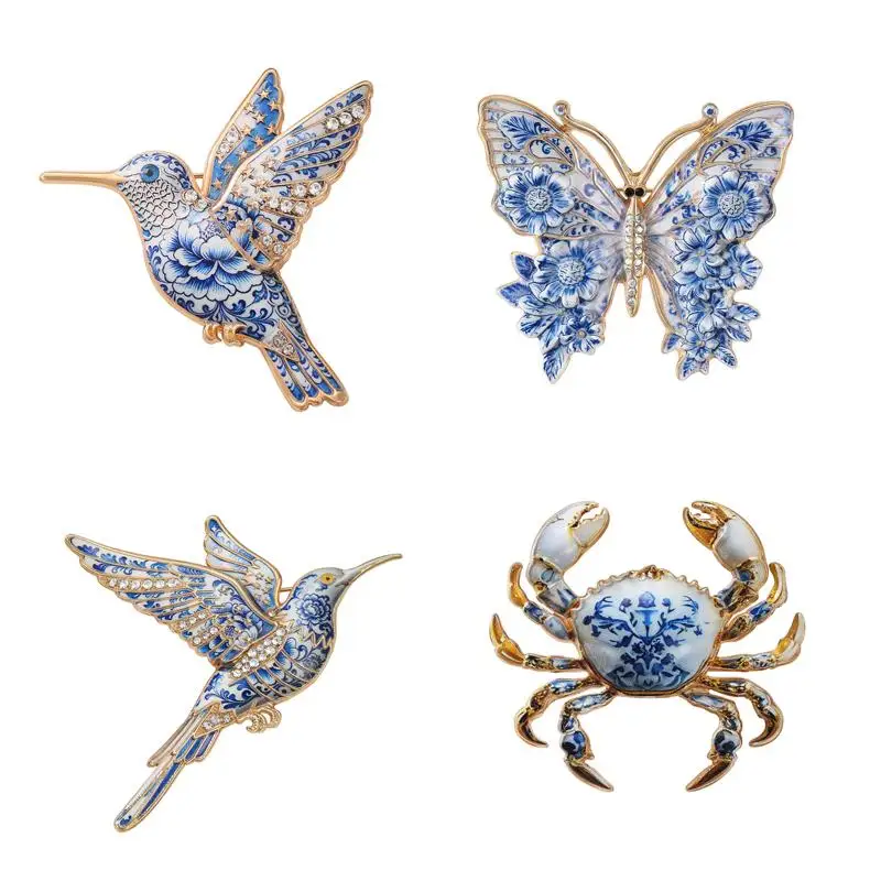 Blue White Porcelain Pattern Brooch Floral Animal Design Men Women Daily Clothing Pin