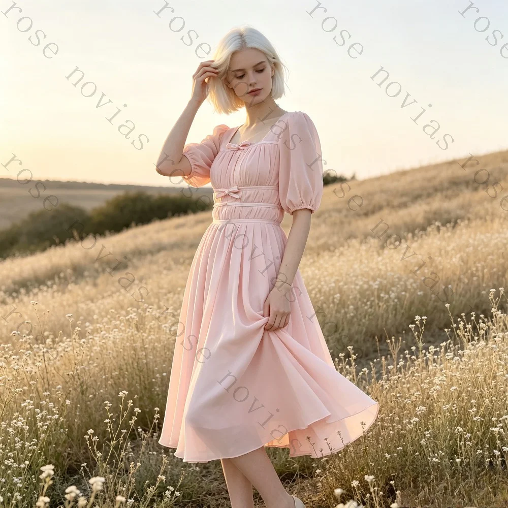 Customized Pink Chiffon Bridesmaid Dress Square Neck Puff Sleeve Bow Tie A Line Gown Vintage Romantic Wedding Party 2026 New