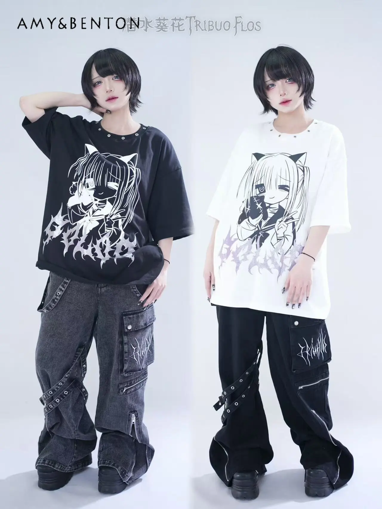 

Original Two-dimensional Animation Printed Round Neck Short-sleeved Oversized T Shirt Subculture Gothic Punk Style Graphic Tops