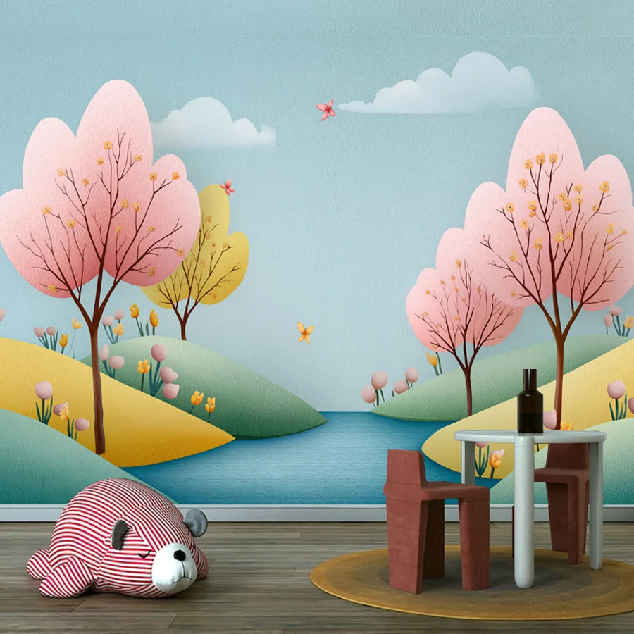 8+ Cartoon Watercolor Landscape Spring Trees Mural, Self Adhesive Optional, Wallpaper for Living Room Kids Decoration Home Decor