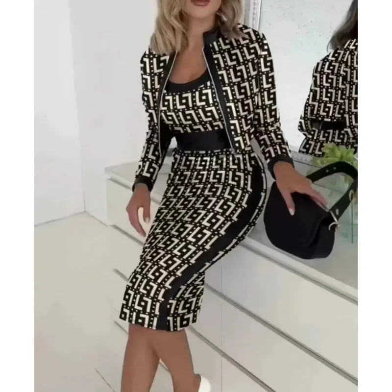 Mandylandy Elegant Dress Sets Women Slim-Fit Printed Short Tops Long-Sleeved Coat Vest Bodycon Skirt Three-Piece Suit Outfits