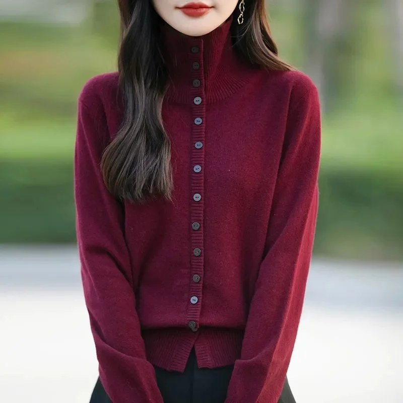 Spring Lady High End High Neck Knitted sweater Coat Autumn Female Solid Color Sweater Top Korean Women Fashion Knitting Cardigan