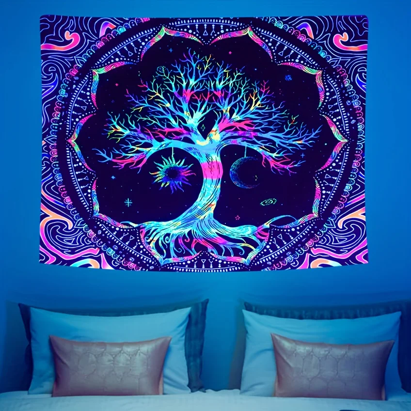 1Pcs 75x58cm Tree of Life Tapestry BlackLight Sun Moon Stars Galaxy Colorful Hippie Psychedelic Bedroom Dorm Decor Aesthetic