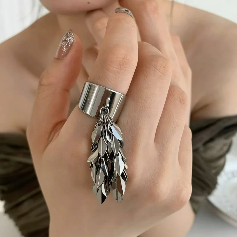 

Silver Tone Leaf Tassel Ring, Chunky Wide Band Dangle Ring, Punk Gothic Statement Jewelry for Women