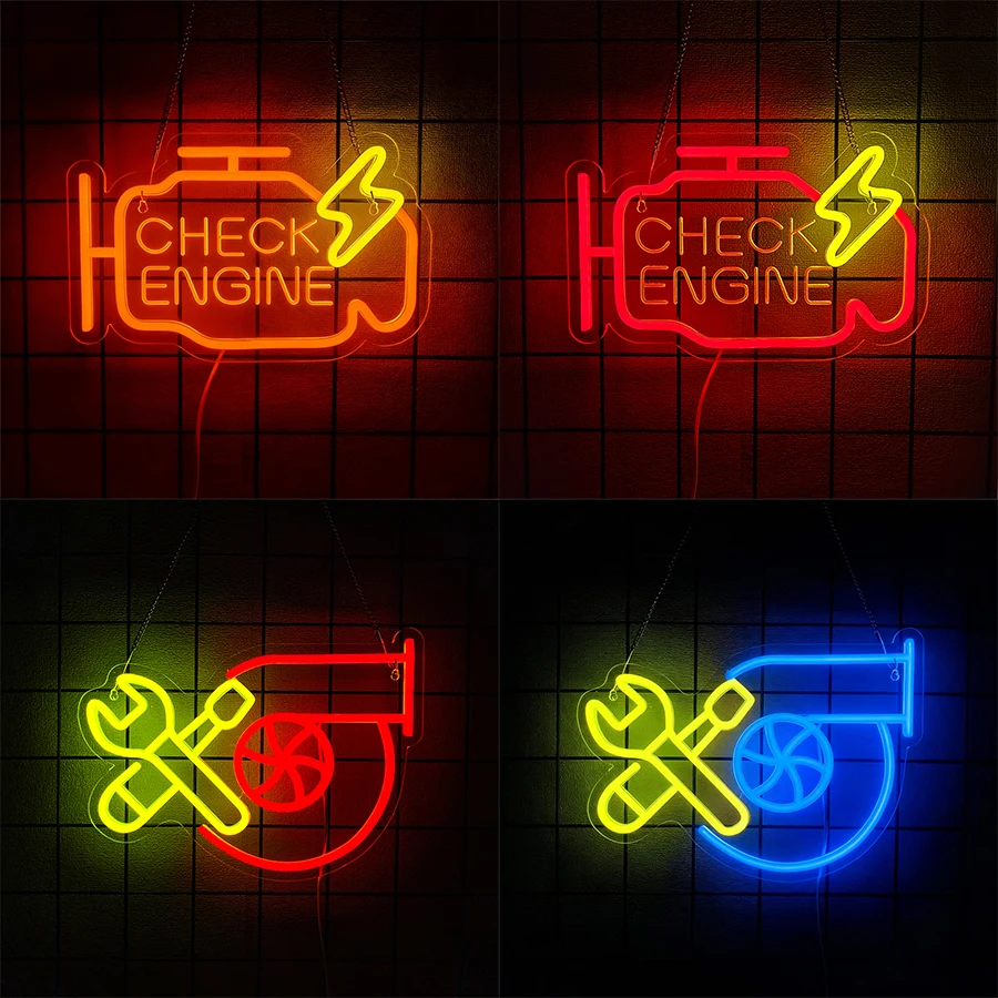 Check Engine Led Neon Sign, Tool Icon Wall Decor, Hardware Store, Auto Repair Shop, Man Cave, Garage Workshop Art Wall Lamp.