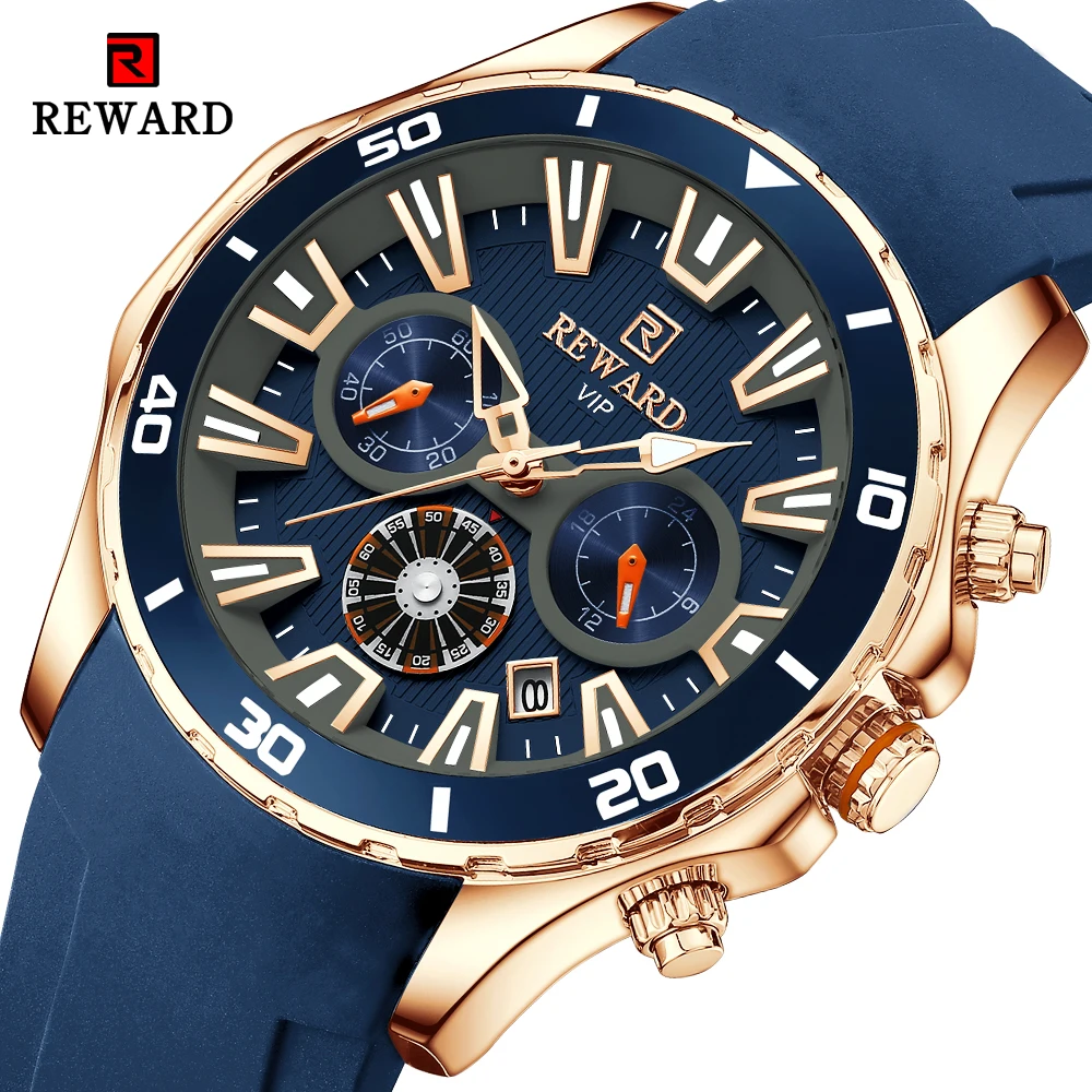 REWARD New Luxury Men Watch Quartz Sport Chronograph Luminous Waterproof Silicone Strap Wristwatch Men Military Style Clock