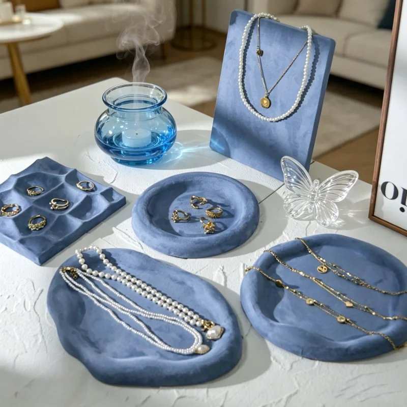 Blue Plaster Jewelry Viewing Plate, Earring Ring Necklace Display Stand, Shop Counter Showcase & Decor Prop