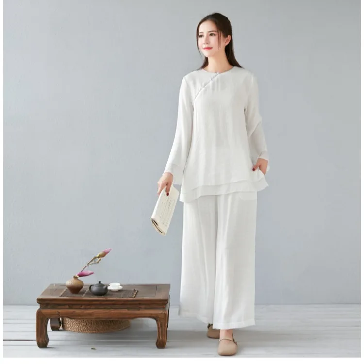 

Комплект из хлопка и льна больших размеров: топ на пуговицах и повседневные брюки, комплект из двух предметов для мам, весна-лето, новинка, стильный, для повседневной носки, художественный дизайн