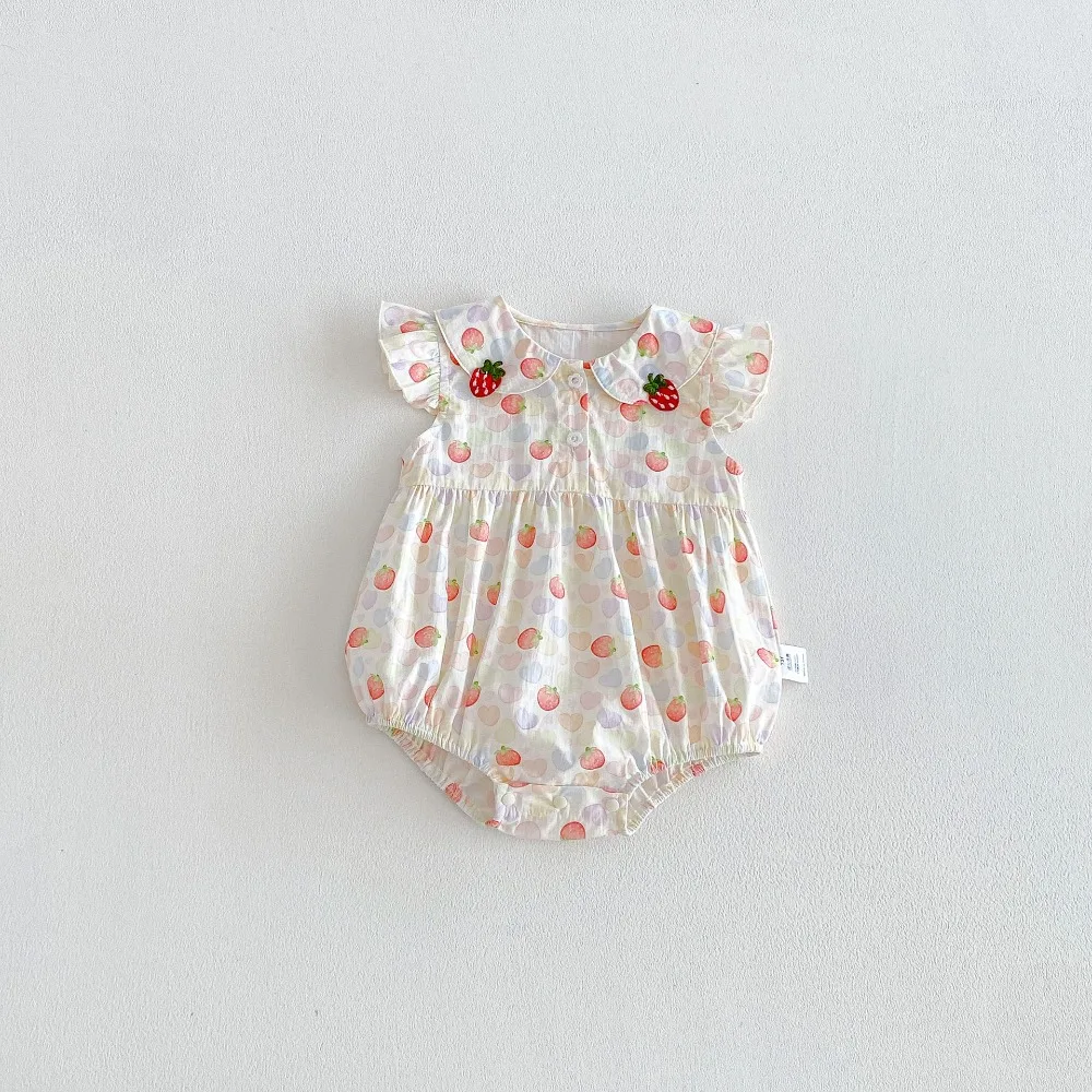 Sweet Baby Girl Romper 0-2Years Newborn Infant Ruffles Sleeve Peter Pan Collar Strawberry Print Cotton Bodysuit Summer Clothes