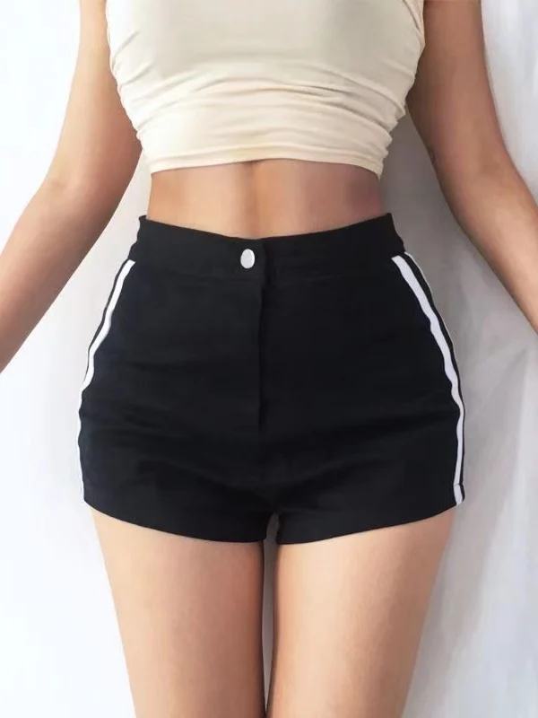 High Waist Slimming Striped Shorts Women's Fashion Casual Pants Side Double Bar Weave Belt High Waist Fitting Hot Pants