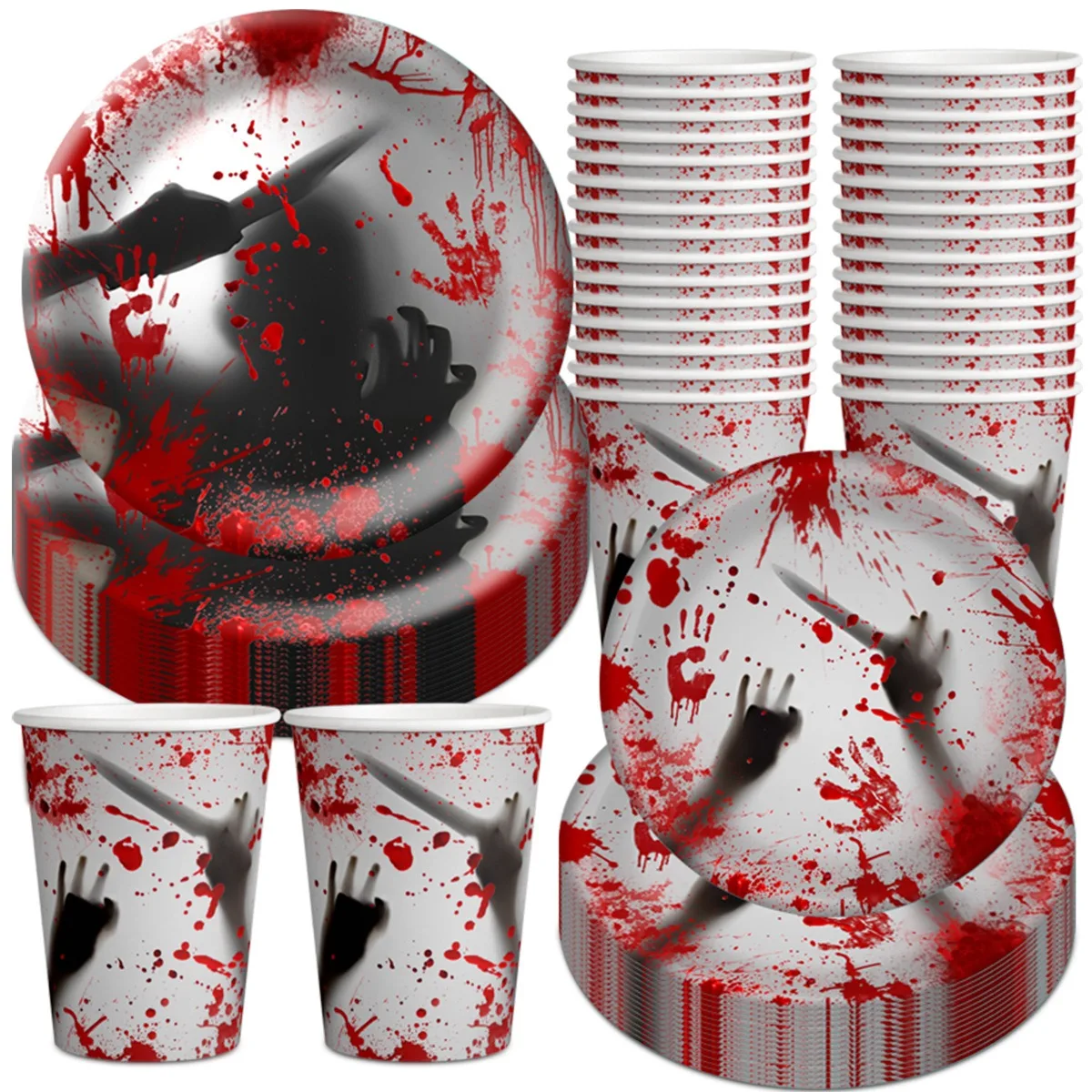 

2024 Halloween Theme Disposable Tableware Horror Party Bloodstained Plates Cups Trick or Treat Happy Halloween Party Decor