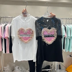 Mid-long Women Basic Cotton Top tees 2022 New Summer Diamond beaded Loves Printing S-4XL Pullover Loose Short Sleeve T-shirt