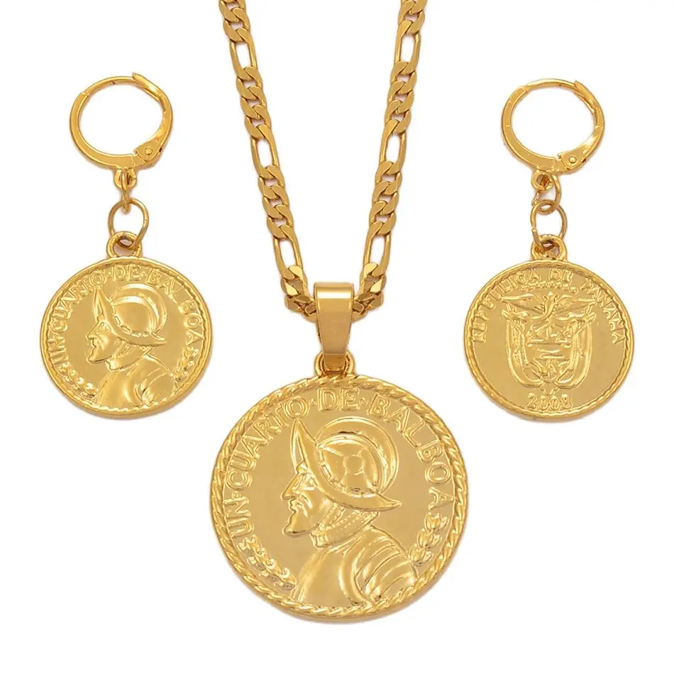 Anniyo Panama Coin Pendant Necklace Earrings Women Un-Cuarto.De.Balboa With Balboa Portrait Panamanian Jewelry Sets  #205706