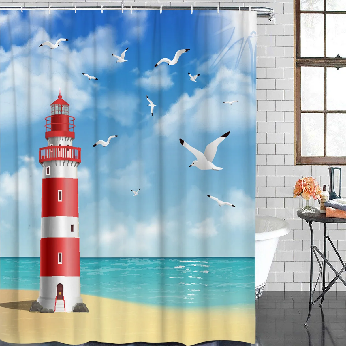 Lighthouse Beach Seagull Waterproof Bathroom Decoration Shower Curtain With Hook Printed Bathtub Curtains Bathroom Accessories