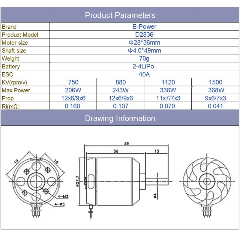Бесщеточный двигатель E-Power D2836 750KV 880KV 1120KV 1500KV 2-4S подходит для вертолета самолета с неподвижным крылом