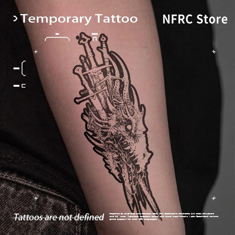 Fake Tattoo Dark Dragon Head Pierced By Swords Herbal Juice Sticker Temporary Tattoos Cheap Goods Toys for the Best Adolescents