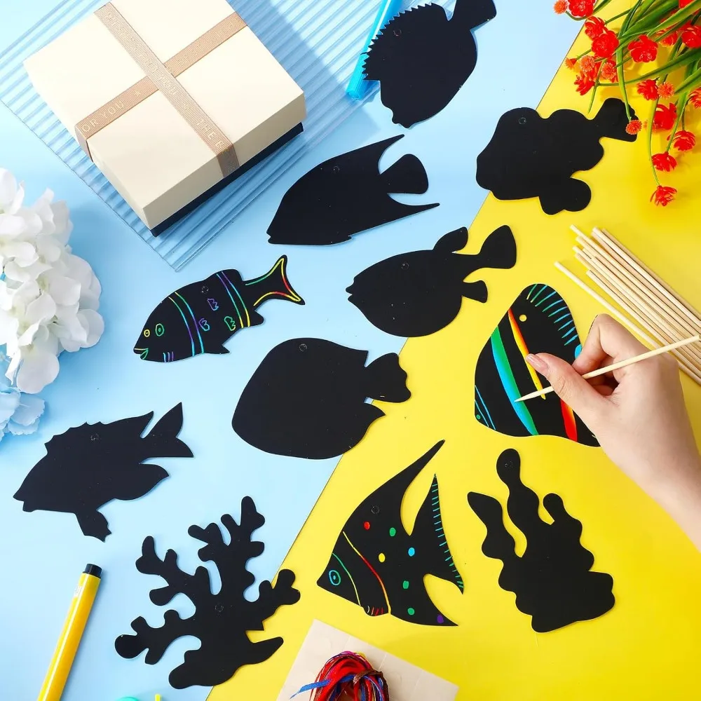 열대어 스크래치 카드 60장, 해양 스크래치 수공예품, 어린이는 바다 아래에 나무 펜을 사용합니다.