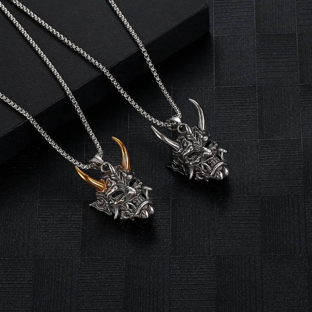 Dark Retro Japan Prajna Mask Long Horn Ghost King Stainless Steel Pendant Necklace for Men Women Scary Personality Jewelry Gifts