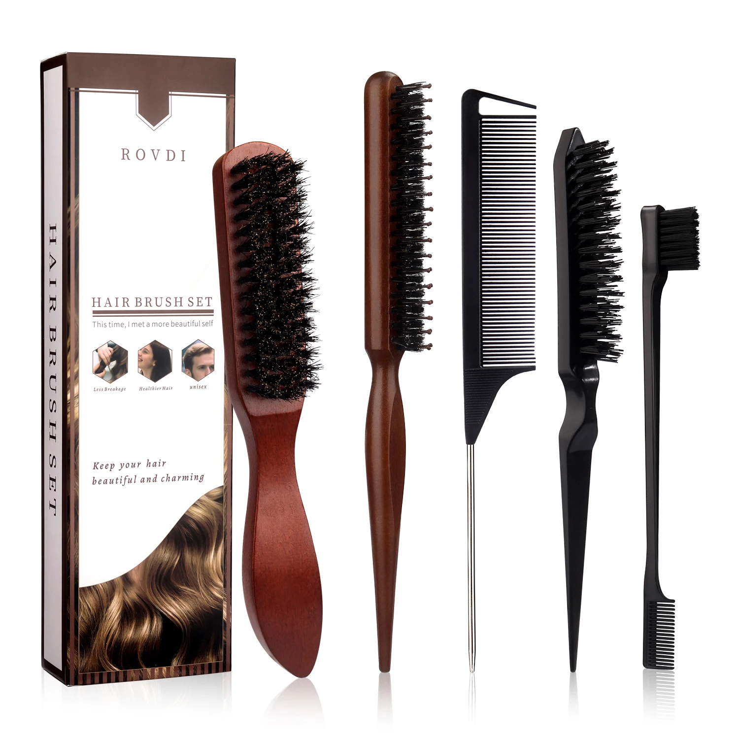 5 Pcs Boar Bristle Hair Brush Set Unisex Styling Kit Detangling Frizz Control Volumizing for Curly Wavy Hair