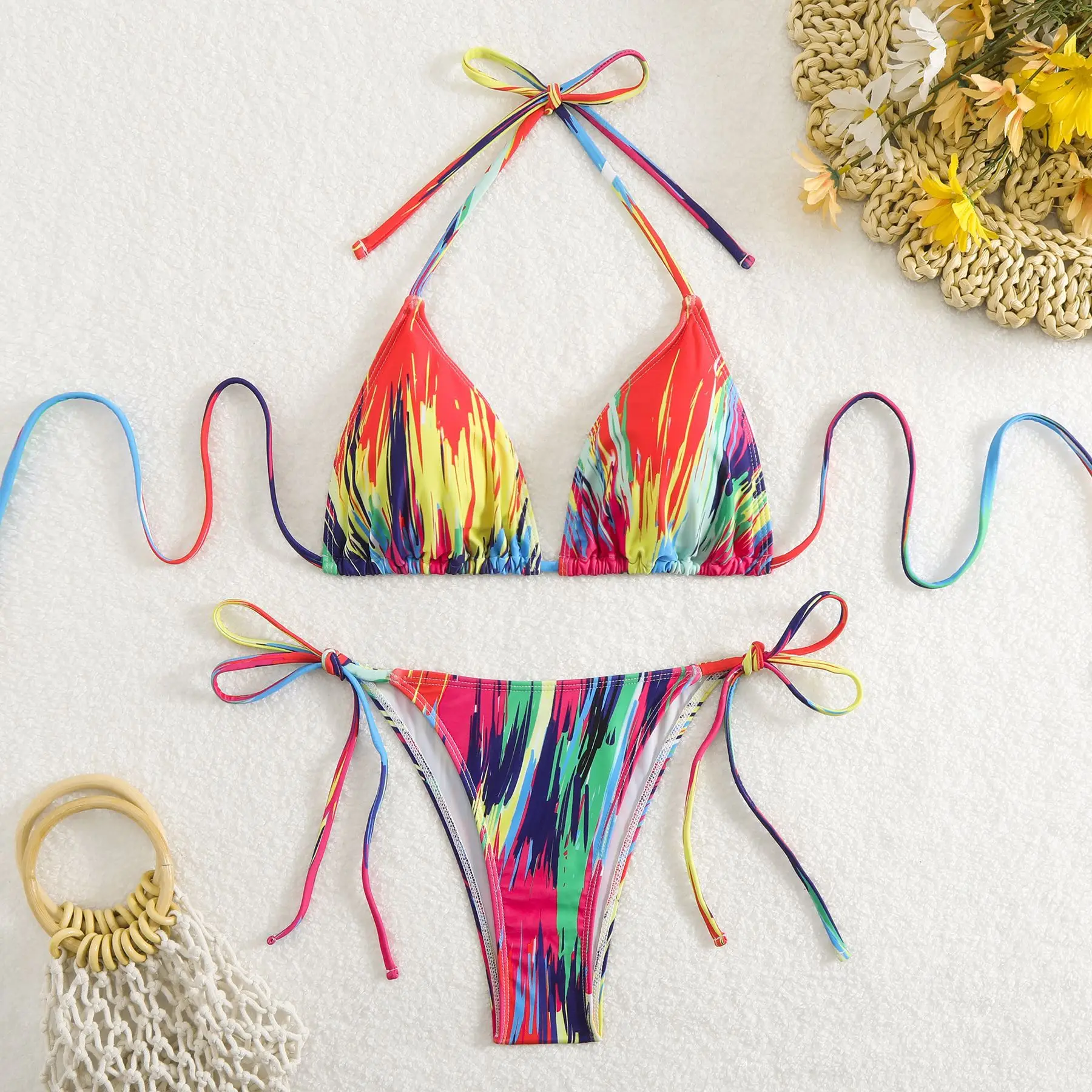 

Сексуальный оранжевый красочный комплект бикини для женщин, разноцветный полосатый купальник с эффектом пуш-ап, треугольный купальник с завязками по бокам, пляжный купальный костюм, микро-купальник