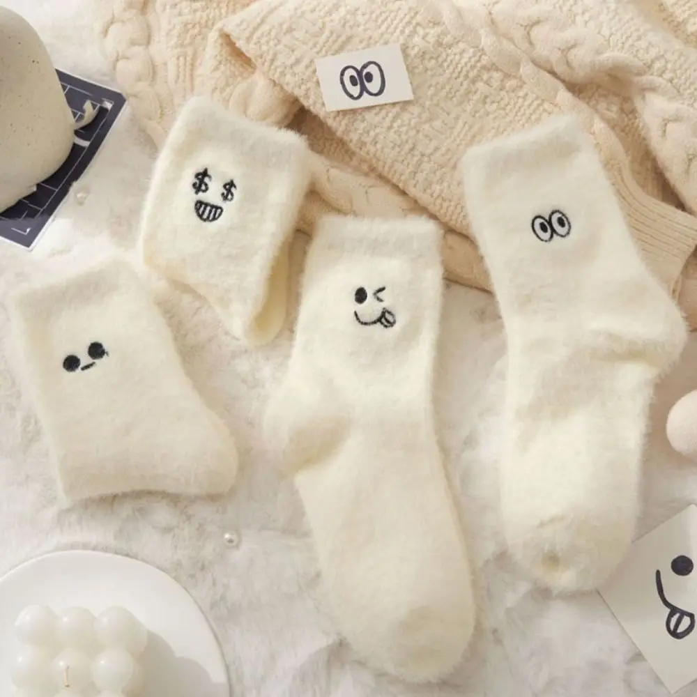 

5Pairs Cute Embroidered Mink Fur Socks Cartoon Sweet Socks Soft Funny Thicken Warm Socks Fall Winter