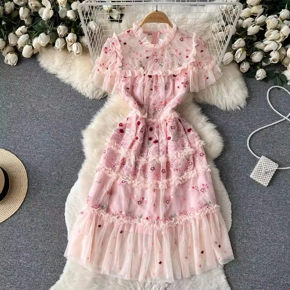 

Designer Fashion Runway Summer Dress For Women Vintage Mesh Stitching Flower Embroidery Slim Elegant Holiday Mini Dress T971