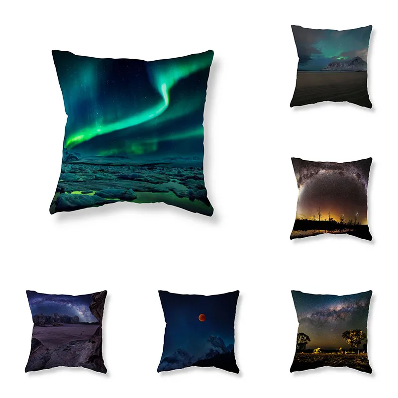 

Aurora Star Landscape Pillow Cover Sofa Car Decorative Chair Cushion Room Aesthetics Home Decor 45x45cm