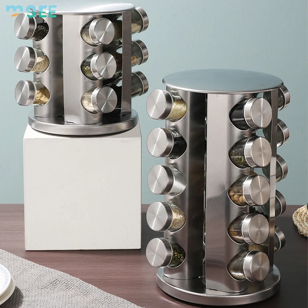 SeeMore Polished Stainless Steel Seasoning Tower Organizer Revolving Kitchen Spices Condiments Cover Selection Spice Refills