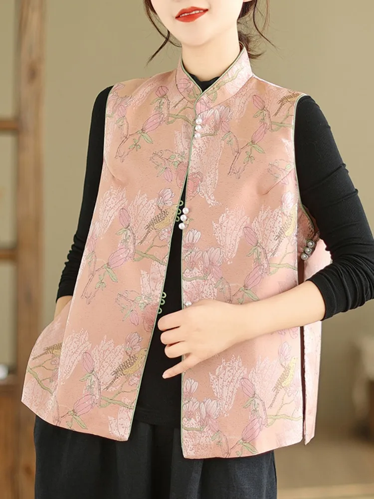 New Chinese Style Court Floral Embroidery Silk Vest Women's Spring Outerwear Tang Suit  Shoulder Pad Improved Top