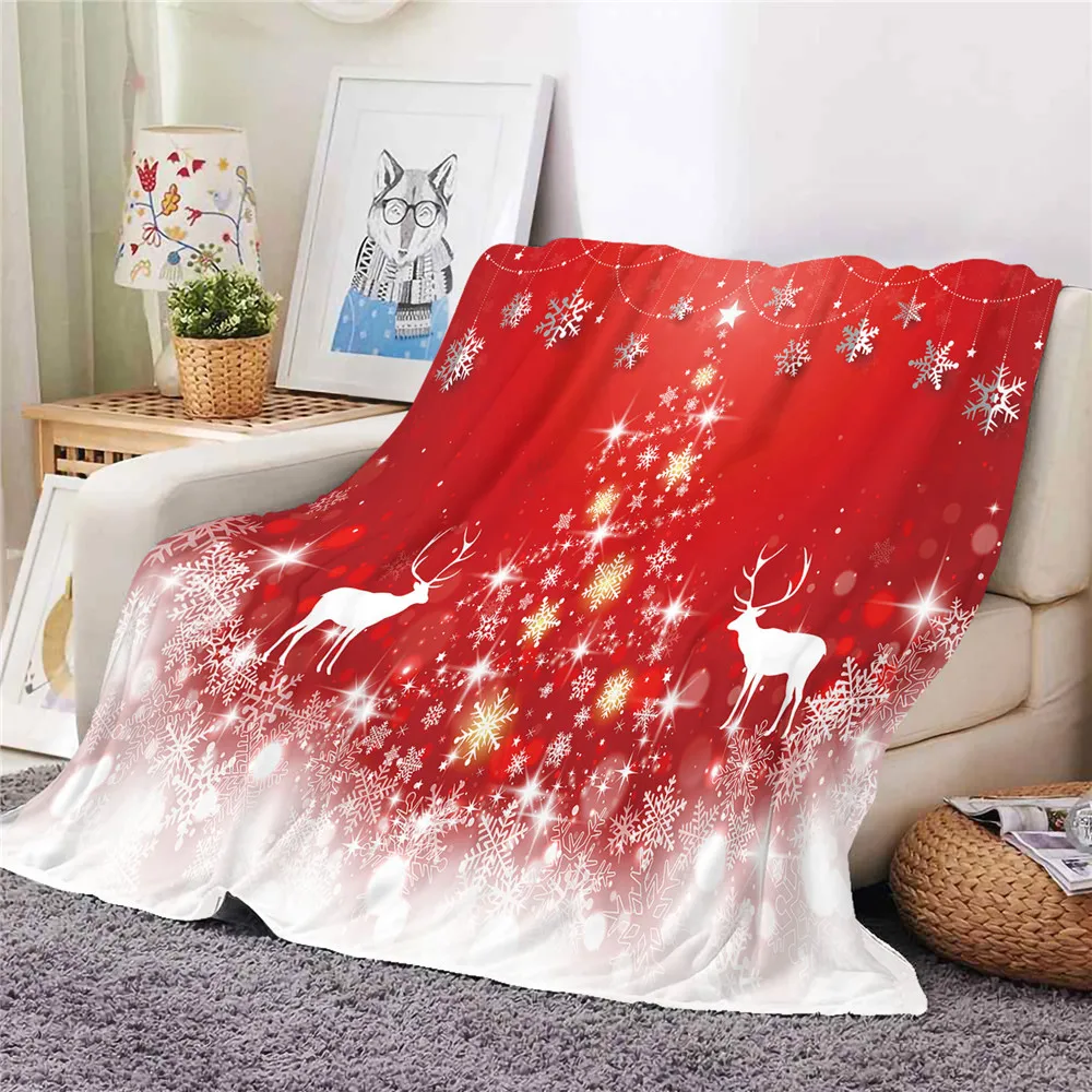 

HX Christmas Flannel Blanket Moose Snowflakes Christmas Tree 3D Printed Throw Blanket for Bed Keep Warm Plush Quilts 5 Size