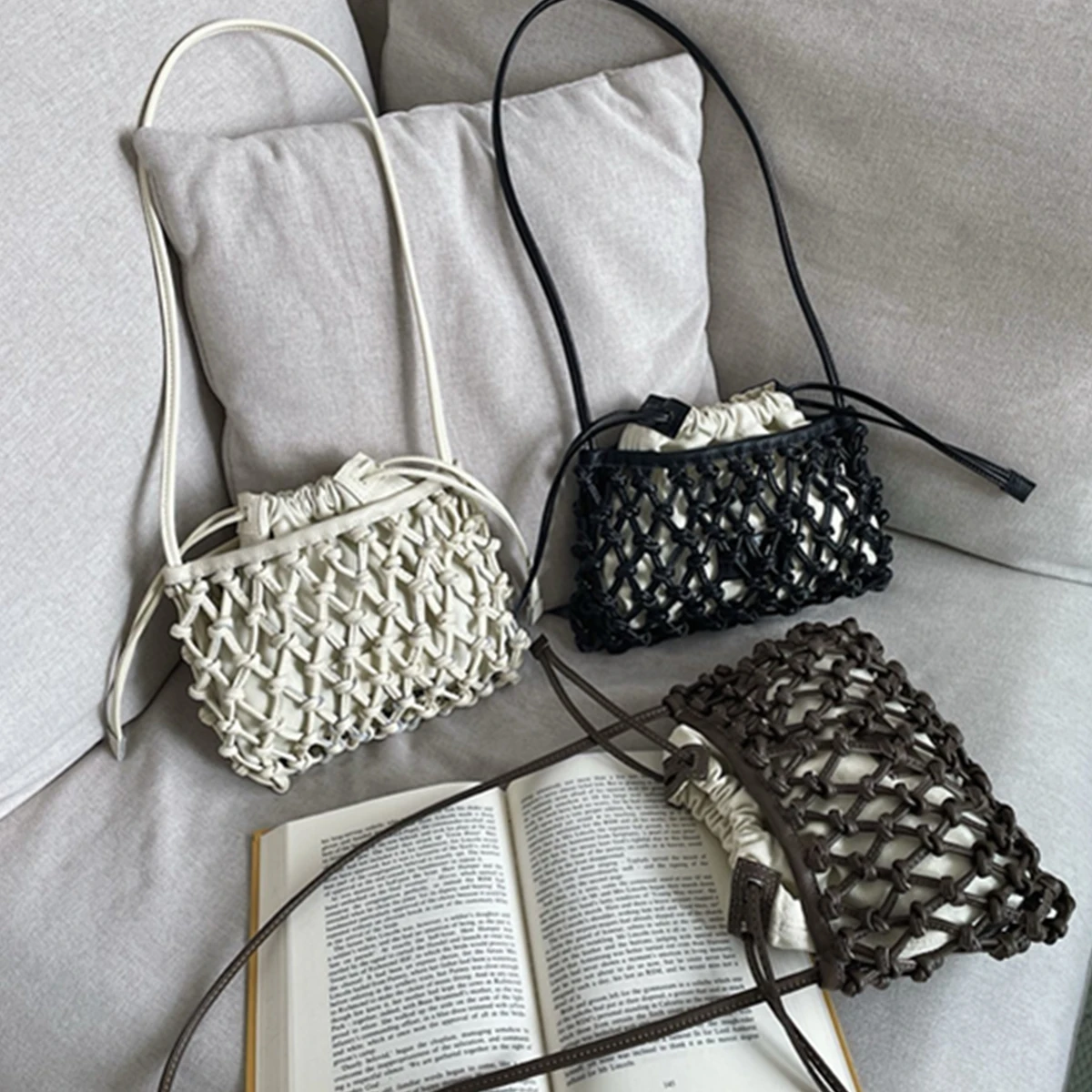 

Dave&Di French Fashion Ladies Retro Fishing Net Bag Hand-Woven Cowhide Mobile Phone Bag Trendy Fashion Shoulder Crossbody Bag