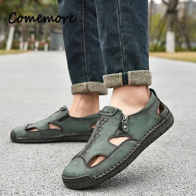 Comemore New Summer Men's Sandals Soft Comfor Breathable Leather Shoes Outdoor Antiskid Beach Hollow Fashion Footwear Plus Size