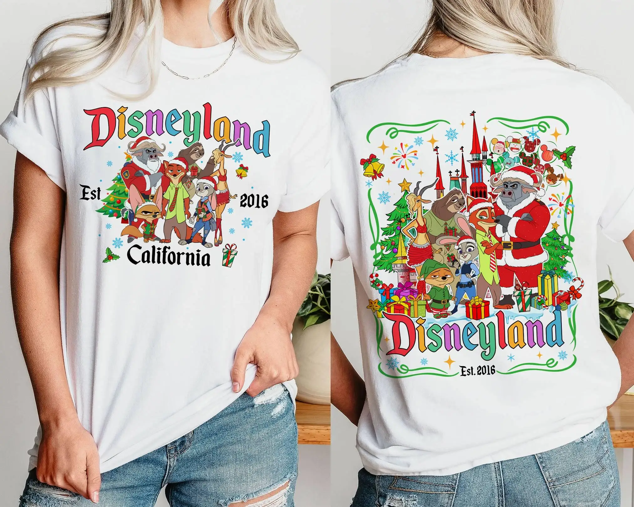 Reversible Zootopia Christmas-themed T-shirt, featuring Nick Wilde and Judy Hopps characters, suitable for adults/children