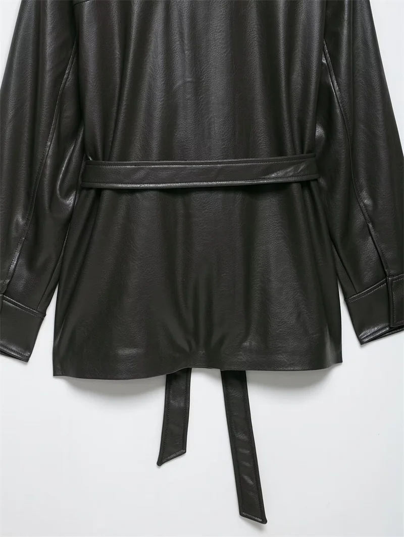 سترة نسائية خريف جديد 2025 سترة من الجلد الصناعي بأكمام طويلة باللون الأخضر الداكن مع زخرفة جيب مع حزام شخصية غير رسمية Mot #6