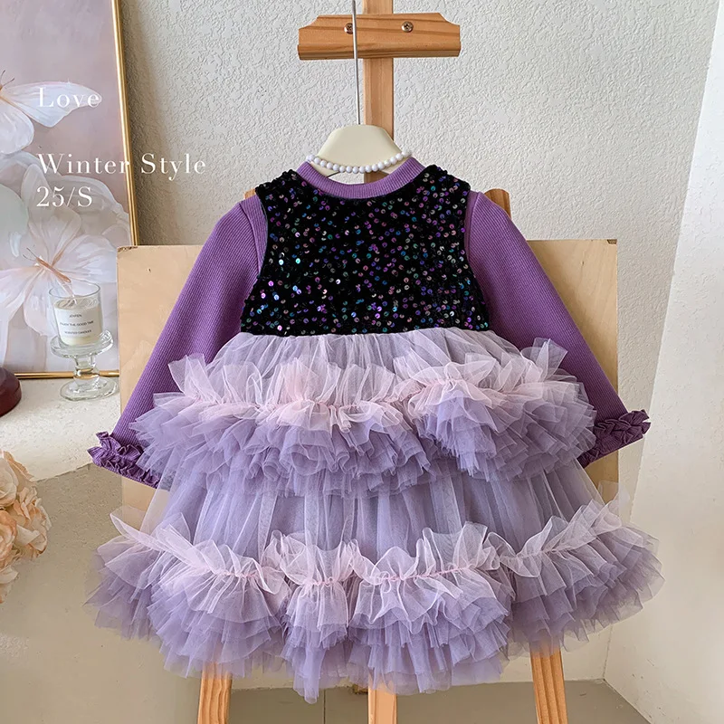 Girls'  Winter New Purple Sequin Fleece-Lined Sleeveless Layered Dress