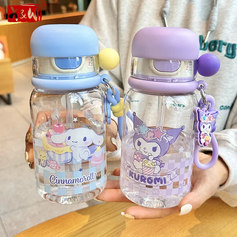 X&W Sanrio Transparent Cup 660ML Cartoon Kuromi Cinnamoroll Plastic Water Bottle Summer Outdoor Leakproof Straw Cup for Children