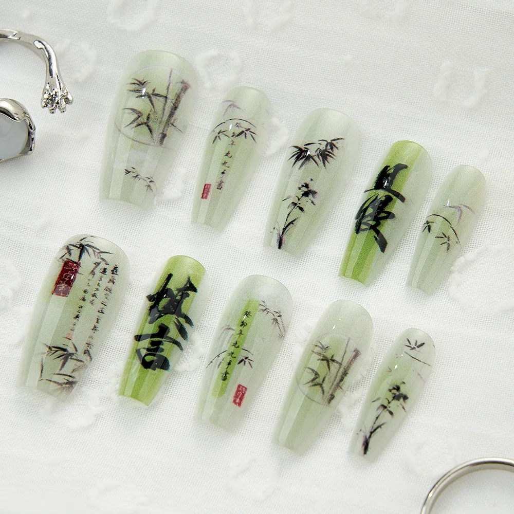 10PCS Chinese Style Press on Nails Green Handmade Fake Nails with Glue Link Bamboo Stick-on Aesthetic False Nails