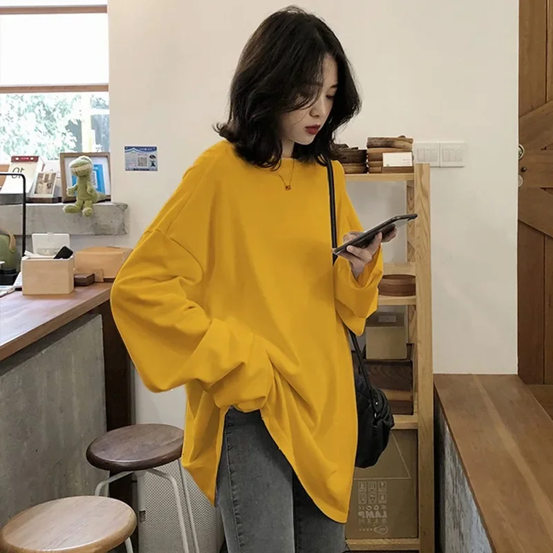 spring autumn Solid Simple oversized tshirt harajuku long T Shirt Women kawaii T-shirts  90s White yellow  Sleeve Tops