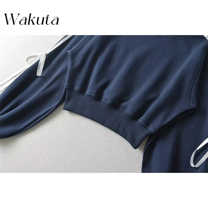 WAKUTA Korean Autumn Style Diagonal Shoulder Pullover Hoodie Niche Long Sleeved Patchwork Bow Tie Loose Waist Tanks コダック ポケモン