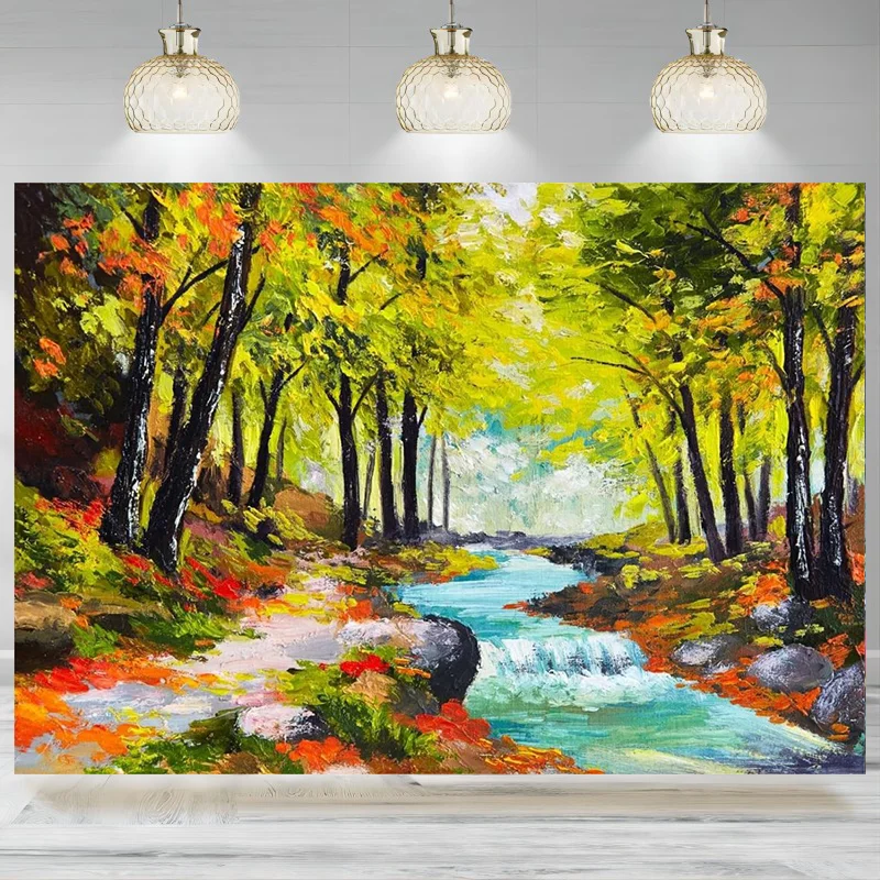 Autumn Landscape Painting Backdrop Forest River Cascades Artistic Oil Painting Photographic Background Party Decoration Banner