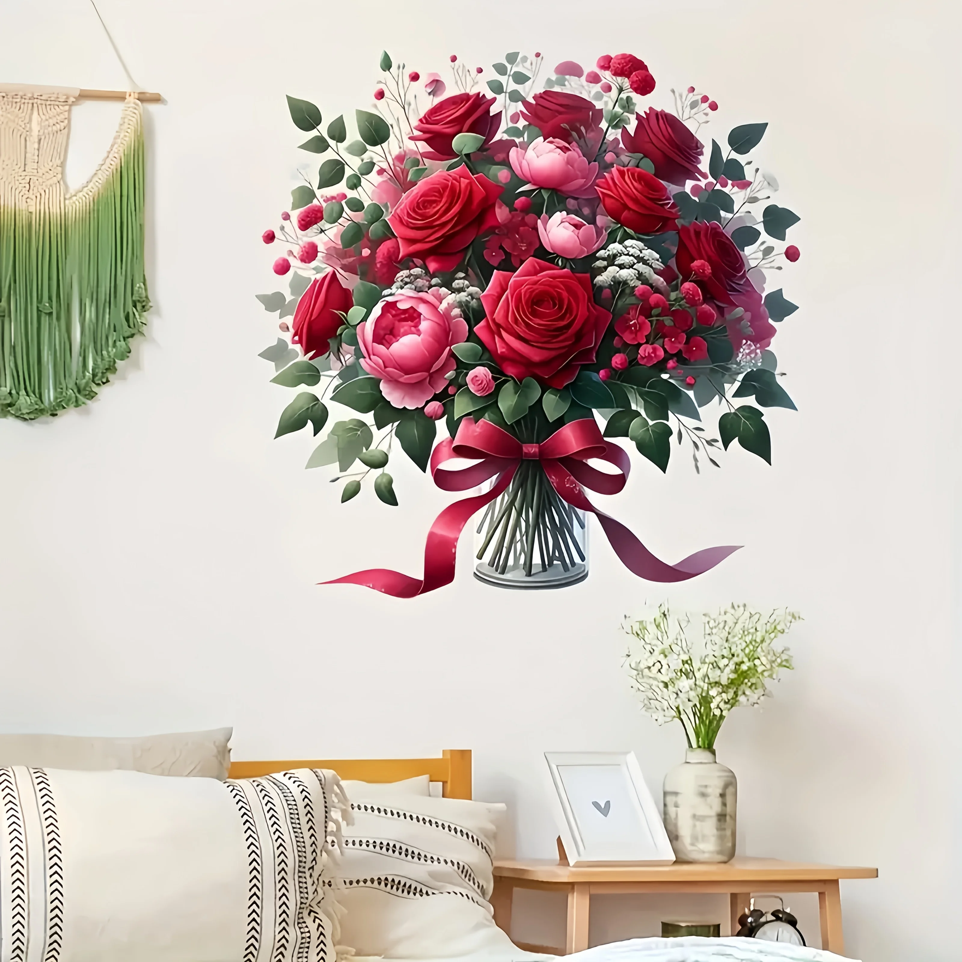 1 beautiful red rose bouquet vase toilet cover sticker, waterproof and oil resistant, suitable for bathroom door wall stickers,