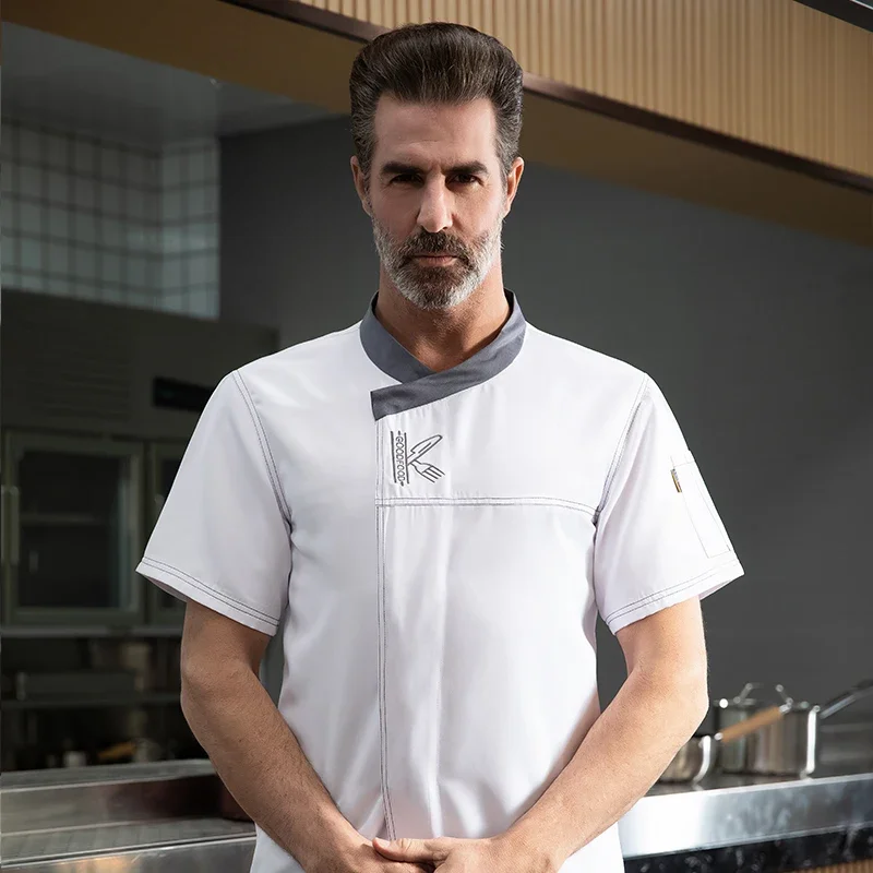 男性シェフ制服半袖黒と白通気性シェフシャツレストランキッチンシェフジャケットエプロン作業服女性