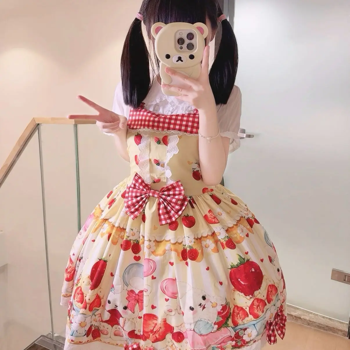 Coalfell【Bolo de Morango】 Saia de alça Lolita JSK original doce e fofa vestido estampado de coelho para mulheres verão